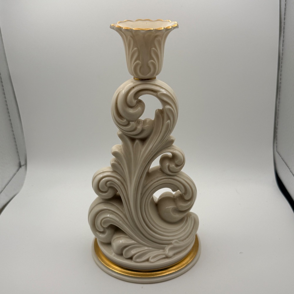 Lenox Cream Porcelain Scroll Candlestick Holder Gold Trim Made in USA 8.25"
